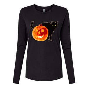 Creepy Pumpkin Jack O Lantern Black Cat Halloween Womens Cotton Relaxed Long Sleeve T-Shirt