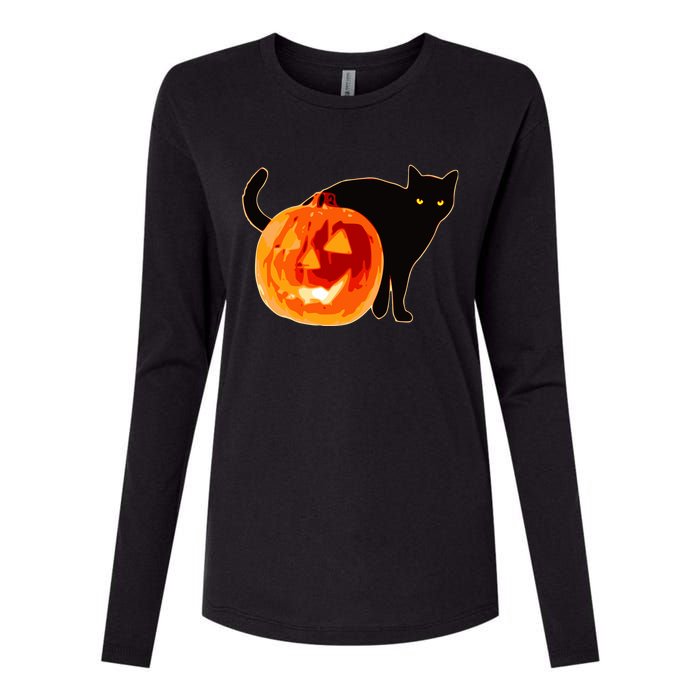 Creepy Pumpkin Jack O Lantern Black Cat Halloween Womens Cotton Relaxed Long Sleeve T-Shirt