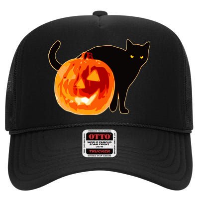 Creepy Pumpkin Jack O Lantern Black Cat Halloween High Crown Mesh Back Trucker Hat