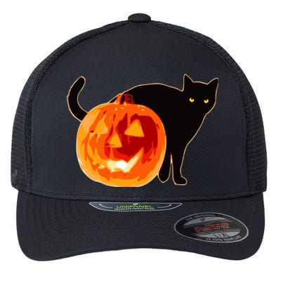 Creepy Pumpkin Jack O Lantern Black Cat Halloween Flexfit Unipanel Trucker Cap