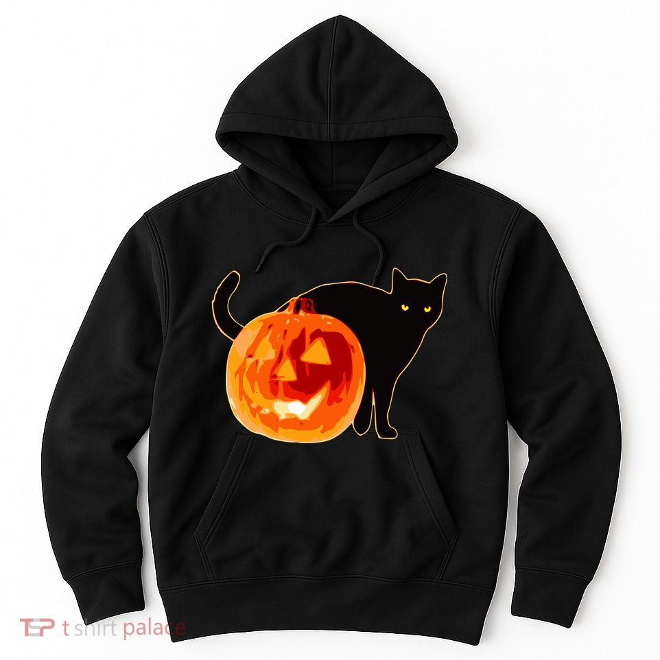 Creepy Pumpkin Jack O Lantern Black Cat Halloween Hoodie