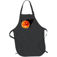 Creepy Pumpkin Jack O Lantern Black Cat Halloween Full-Length Apron With Pockets