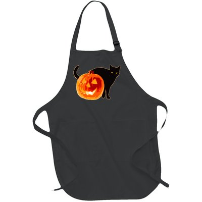 Creepy Pumpkin Jack O Lantern Black Cat Halloween Full-Length Apron With Pockets