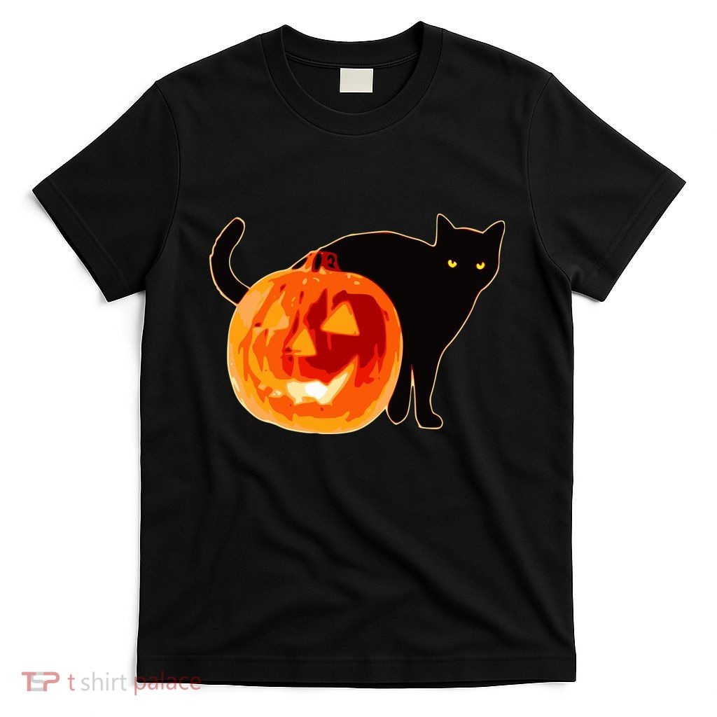 Creepy Pumpkin Jack O Lantern Black Cat Halloween T-Shirt