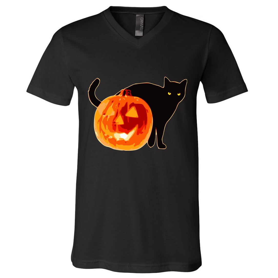 Creepy Pumpkin Jack O Lantern Black Cat Halloween V-Neck T-Shirt