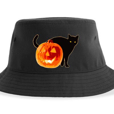 Creepy Pumpkin Jack O Lantern Black Cat Halloween Sustainable Bucket Hat