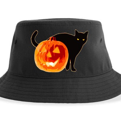 Creepy Pumpkin Jack O Lantern Black Cat Halloween Sustainable Bucket Hat