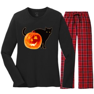 Creepy Pumpkin Jack O Lantern Black Cat Halloween Women's Long Sleeve Flannel Pajama Set 