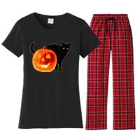 Creepy Pumpkin Jack O Lantern Black Cat Halloween Women's Flannel Pajama Set