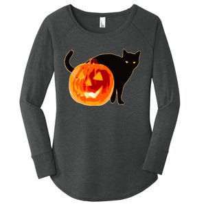 Creepy Pumpkin Jack O Lantern Black Cat Halloween Women's Perfect Tri Tunic Long Sleeve Shirt