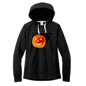 Creepy Pumpkin Jack O Lantern Black Cat Halloween Women's Fleece Hoodie