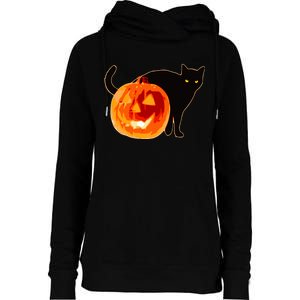 Creepy Pumpkin Jack O Lantern Black Cat Halloween Womens Funnel Neck Pullover Hood