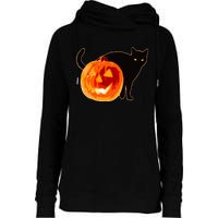 Creepy Pumpkin Jack O Lantern Black Cat Halloween Womens Funnel Neck Pullover Hood