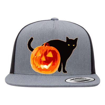 Creepy Pumpkin Jack O Lantern Black Cat Halloween Flat Bill Trucker Hat