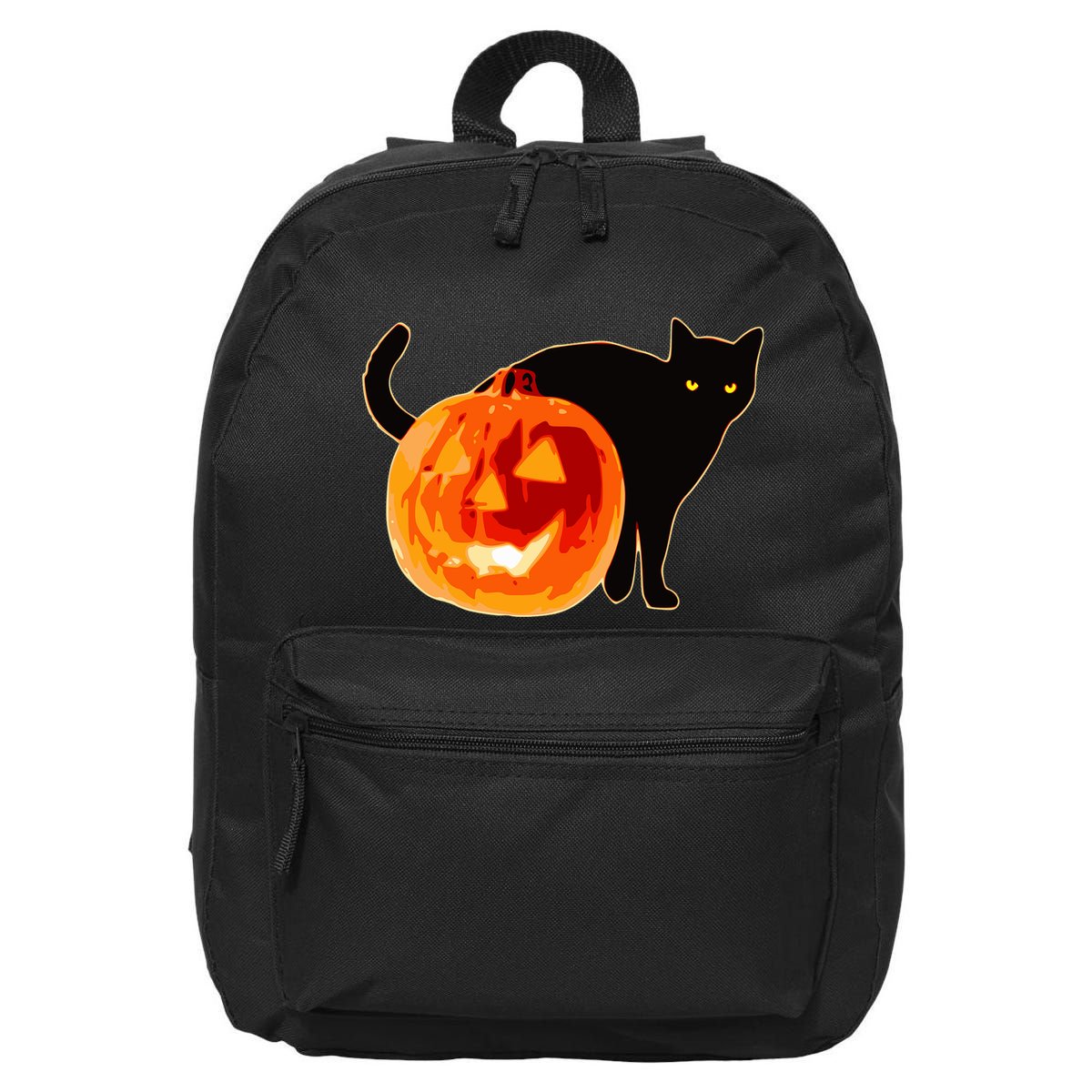 Creepy Pumpkin Jack O Lantern Black Cat Halloween 16 in Basic Backpack