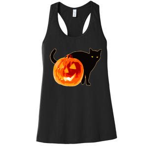 Creepy Pumpkin Jack O Lantern Black Cat Halloween Women's Racerback Tank