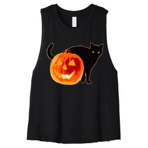 Creepy Pumpkin Jack O Lantern Black Cat Halloween Women's Racerback Cropped Tank