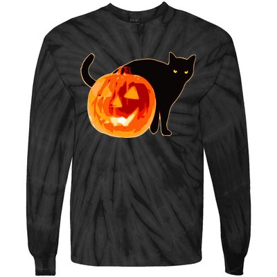 Creepy Pumpkin Jack O Lantern Black Cat Halloween Tie-Dye Long Sleeve Shirt