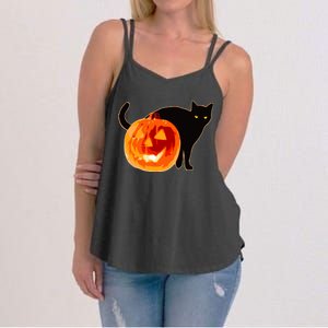 Creepy Pumpkin Jack O Lantern Black Cat Halloween Women's Strappy Tank