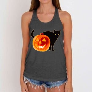 Creepy Pumpkin Jack O Lantern Black Cat Halloween Women's Knotted Racerback Tank