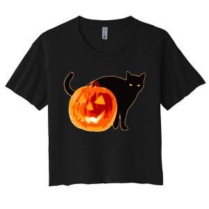 Creepy Pumpkin Jack O Lantern Black Cat Halloween Women's Crop Top Tee