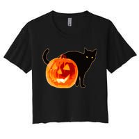 Creepy Pumpkin Jack O Lantern Black Cat Halloween Women's Crop Top Tee