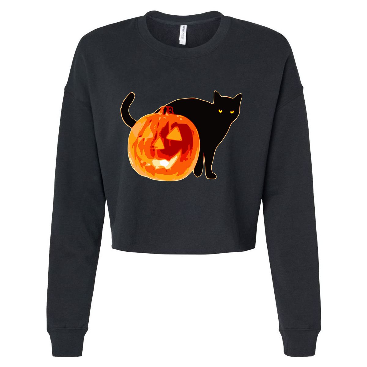 Creepy Pumpkin Jack O Lantern Black Cat Halloween Cropped Pullover Crew