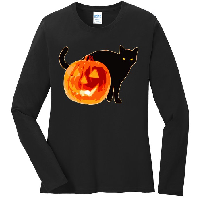 Creepy Pumpkin Jack O Lantern Black Cat Halloween Ladies Long Sleeve Shirt