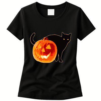 Creepy Pumpkin Jack O Lantern Black Cat Halloween Womens T-Shirt