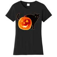 Creepy Pumpkin Jack O Lantern Black Cat Halloween Women's T-Shirt