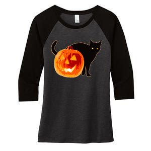 Creepy Pumpkin Jack O Lantern Black Cat Halloween Women's Tri-Blend 3/4-Sleeve Raglan Shirt