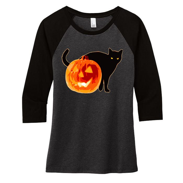 Creepy Pumpkin Jack O Lantern Black Cat Halloween Women's Tri-Blend 3/4-Sleeve Raglan Shirt