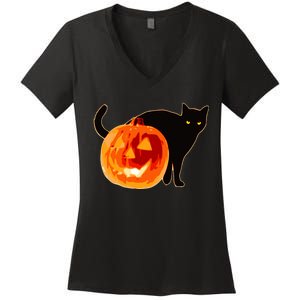 Creepy Pumpkin Jack O Lantern Black Cat Halloween Women's V-Neck T-Shirt