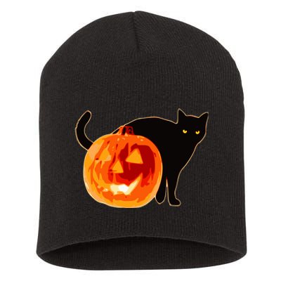 Creepy Pumpkin Jack O Lantern Black Cat Halloween Short Acrylic Beanie