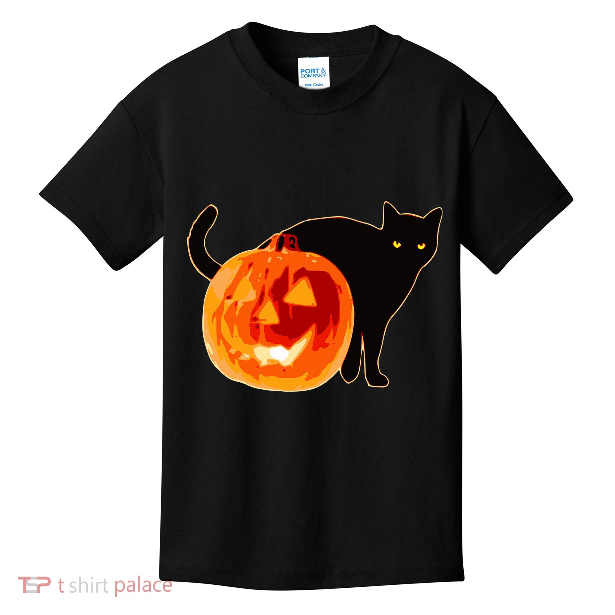 Creepy Pumpkin Jack O Lantern Black Cat Halloween Kids T-Shirt