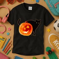 Creepy Pumpkin Jack O Lantern Black Cat Halloween Kids T-Shirt