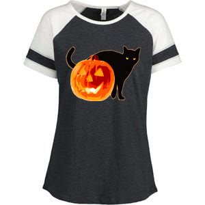 Creepy Pumpkin Jack O Lantern Black Cat Halloween Enza Ladies Jersey Colorblock Tee