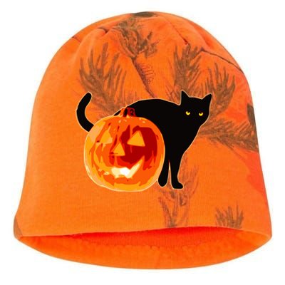 Creepy Pumpkin Jack O Lantern Black Cat Halloween Kati - Camo Knit Beanie