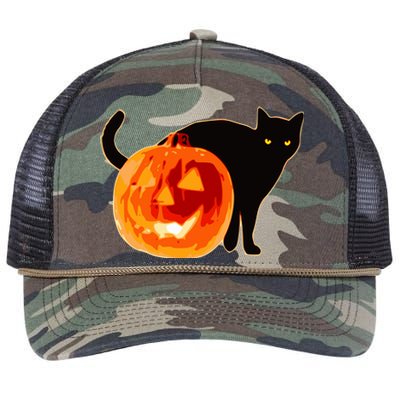 Creepy Pumpkin Jack O Lantern Black Cat Halloween Retro Rope Trucker Hat Cap