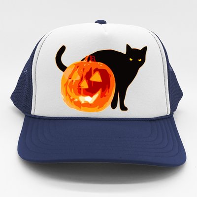 Creepy Pumpkin Jack O Lantern Black Cat Halloween Trucker Hat