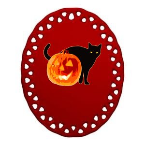 Creepy Pumpkin Jack O Lantern Black Cat Halloween Ceramic Oval Ornament