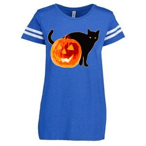 Creepy Pumpkin Jack O Lantern Black Cat Halloween Enza Ladies Jersey Football T-Shirt