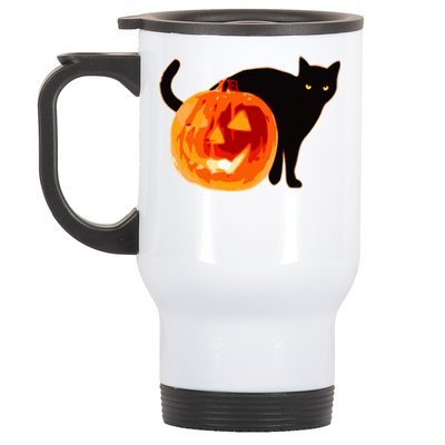 Creepy Pumpkin Jack O Lantern Black Cat Halloween Stainless Steel Travel Mug