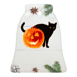 Creepy Pumpkin Jack O Lantern Black Cat Halloween Ceramic Bell Ornament