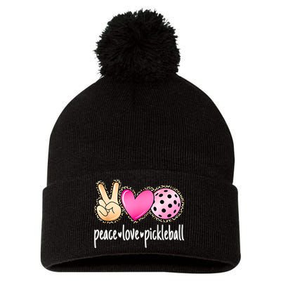Cute Pickleballpeace Love Pickleball Lover Leopard Print Best Gift Pom Pom 12in Knit Beanie