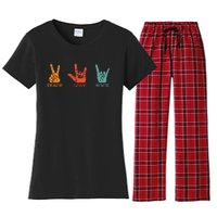 Classic Peace Love Rock Vintage Concert Band Rock Music Women's Flannel Pajama Set