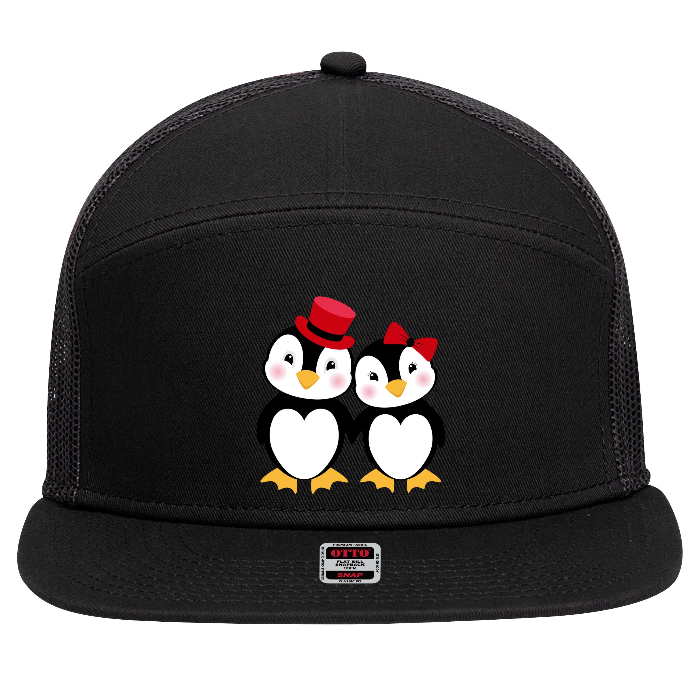 Cute Penguin Love Couples Valentines 7 Panel Mesh Trucker Snapback Hat