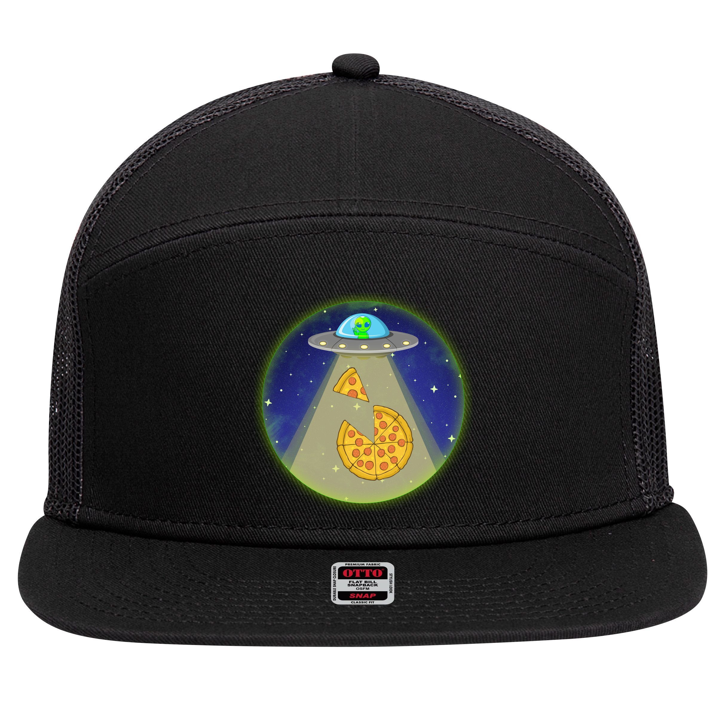Cool Pizza Loving UFO Alien 7 Panel Mesh Trucker Snapback Hat