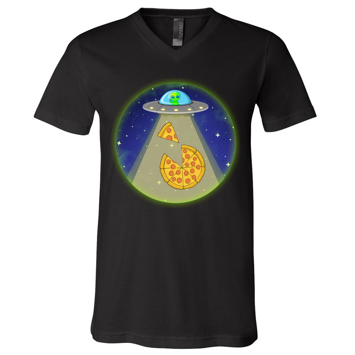 Cool Pizza Loving UFO Alien V-Neck T-Shirt