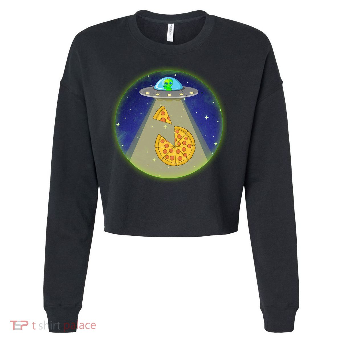 Cool Pizza Loving UFO Alien Cropped Pullover Crew